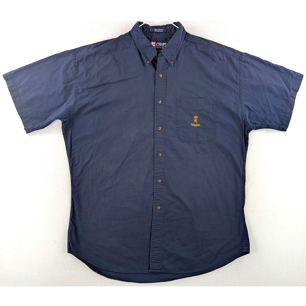 Vintage Chaps Ralph Lauren Mens L Navy Blue Cotton Crest Short Sleeve Shirt
